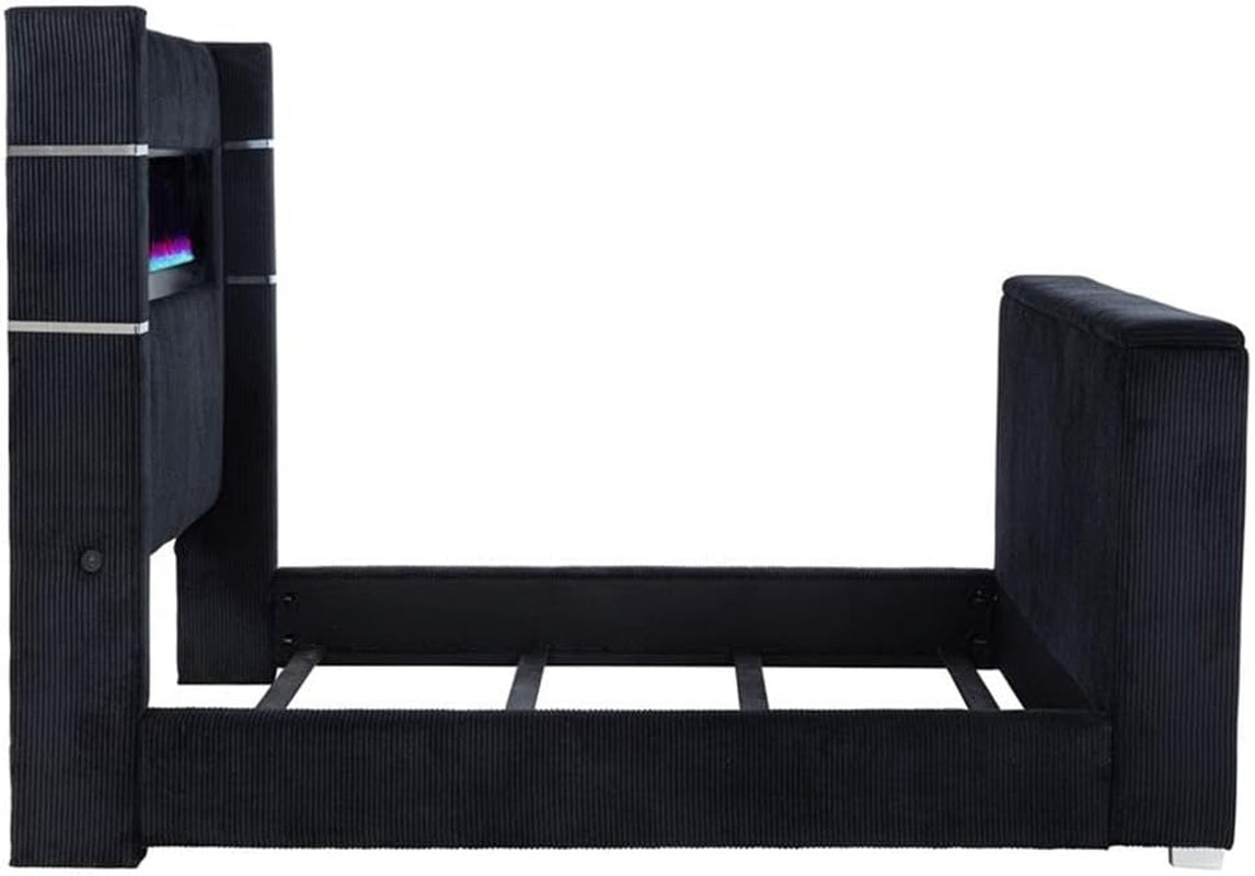 california-king-wingback-tv-bed-pine-frame-black-faux-fur-style-corduroy-flame-visualizer-headboard-hidden-motorized-tv-mount-usb-ports-modern-bedroom-furniture-for-tech-forward-use