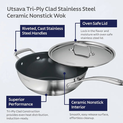 Utsava Tri-Ply Clad Stainless Steel 3.75-Quart Wok with Lid | Ceramic Non Stick Interior, Induction-Ready Cooking Pan3