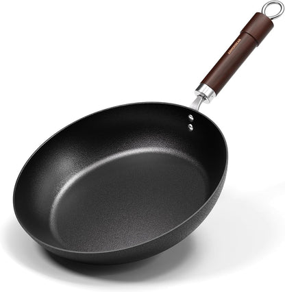 Carbon Steel Frying Pan, Pre-Seasoned 11-Inch Cooking Skillet Wooden Handle, PFAS & Pfoa-Free, Nitrided Black Fry Pan for Kitchen, Camping, Chef Use1
