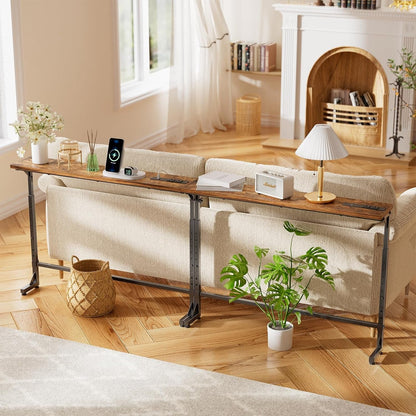 78.75” Console Table, Narrow behind Couch Table, Adjustable Sofa Tables with Outlet, for Living Room, Rustic Brown9
