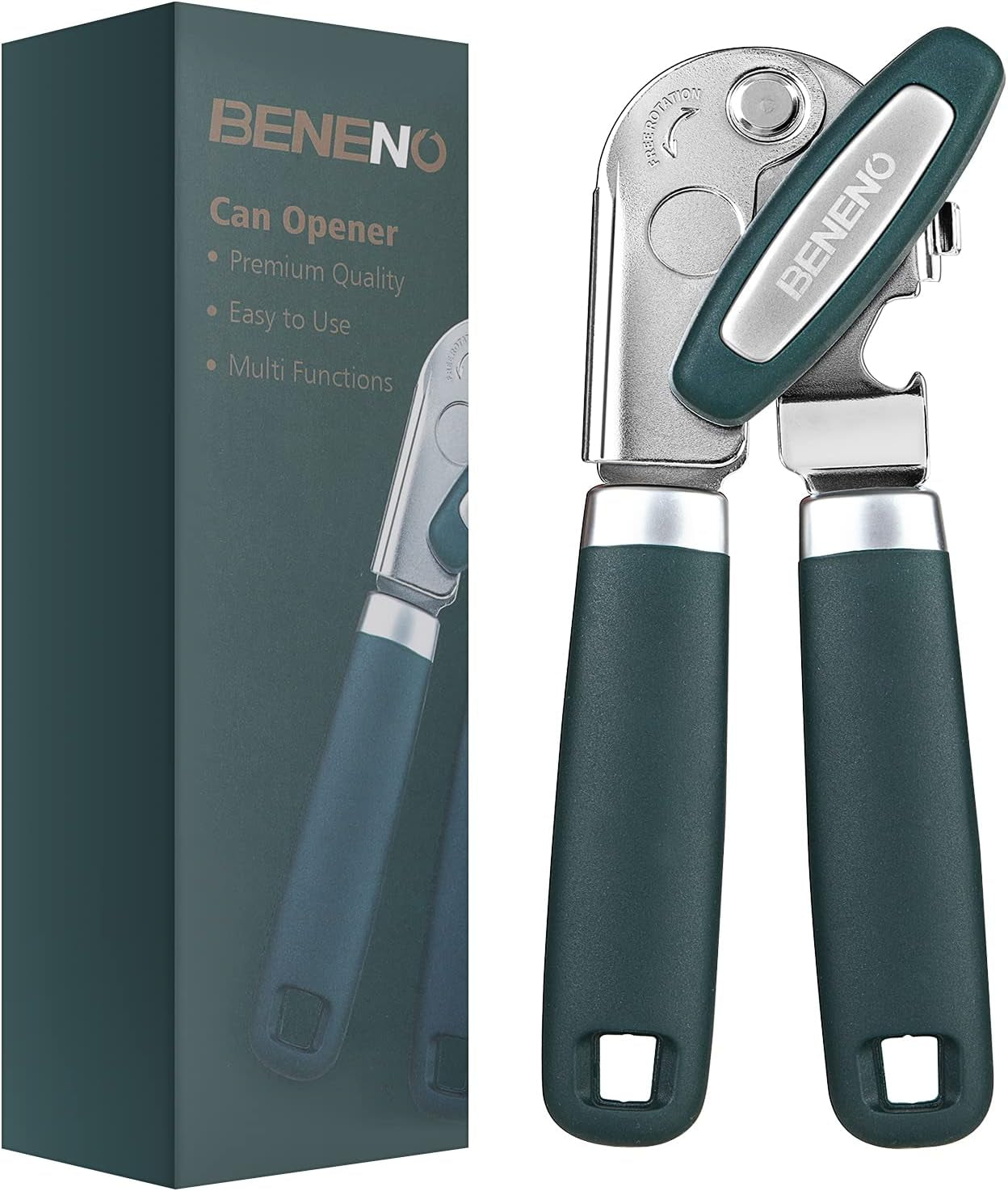 heavy-duty-hand-can-opener-manual-with-magnet-lid-remover-green-razor-sharp-carbon-steel-blade-precise-smooth-cutting-gear-big-effort-saving-knob-soft-grip-handle-built-in-bottle-opener