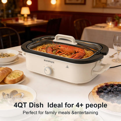 MAGNIFIQUE 4 Quart Slow Cooker with Ceramic Nonstick Baking Dish, Adjustable Temperature, Oven Safe for Lasagna & Roasts, Dishwasher Safe Stoneware & Tempered Glass Lid, Compact Crock Pot, Oatmeal2