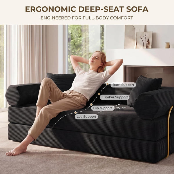 79" Convertible Futon Sofa Bed, Boneless Couch for Living Room | Black6