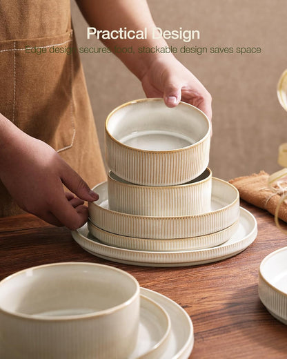 Star Stoneware Dinnerware Set, Reactive Glaze Plates & Bowls for 46