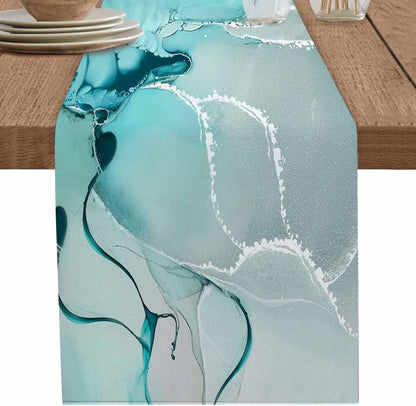 Marble Turquoise Teal Aqua Table Runner 108 Inches Long,Cotton Linen Modern Kitchen Dinner Dining Table Runners Decor Long Dresser Scarf,Burlap Tablerunner for Coffee/Dining/Party/Wedding Table1