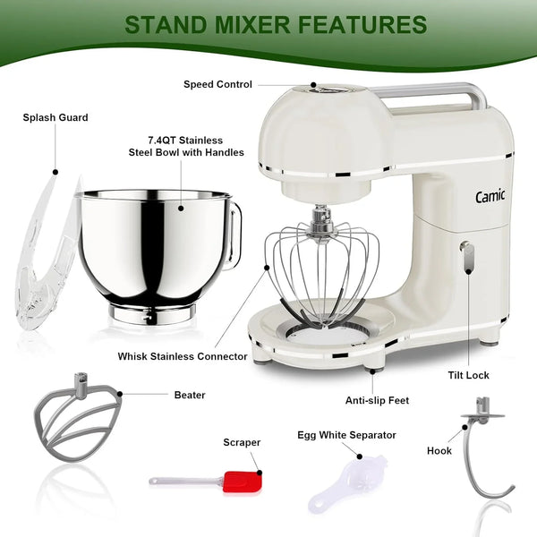 Electric Stand Mixer,7.45 QT,10 Speeds with Dough Hook,Whisk, Flat Beater Attachments, Splash Guard, Easy-Carry Top Handle,3-In-1 Kitchen Mixer for Baking Cakes Cookie Bread Salad (White)9