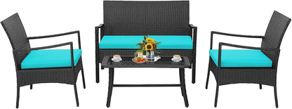 4 Pieces Rattan Conversation Set, Patio Sofa Couch Set with Tempered Glass Coffee Table, Seat Cushions, Outdoor Wicker Loveseat Set for Poolside, Courtyard, Balcony (1, Turquoise)1