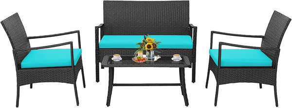 4 Pieces Rattan Conversation Set, Patio Sofa Couch Set with Tempered Glass Coffee Table, Seat Cushions, Outdoor Wicker Loveseat Set for Poolside, Courtyard, Balcony (1, Turquoise)1