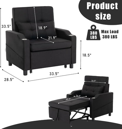 Sleeper Chair,Single Armchair Sofa with Pillow,Adjustable Backrest Recliner Sofa Modern Pull Out Couch Bed with USB Port Cup Holder Side Pocket for Living Room Bedroom(Black)3