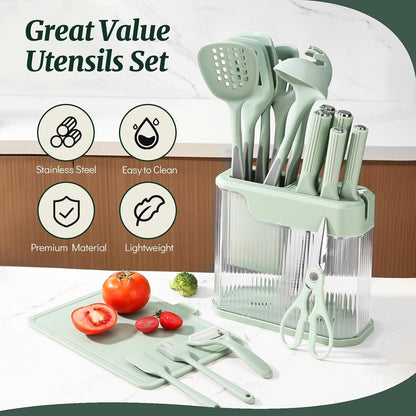 Kitchen Utensils Set and Knife Set with Acrylic Block, 17 Pieces Silicone Utensils Set for Cooking, Stainless Steel Knife Set with Built-In Sharpener, Scissors Spatula Turner (Green)3