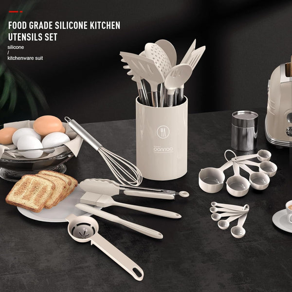 Large Silicone Cooking Utensils Set - Heat Resistant Kitchen Utensils,Turner Tongs,Spatula,Spoon,Brush,Whisk,Stainless Steel Cooking Tool for Nonstick Cookware,Dishwasher Safe (Khaki)3