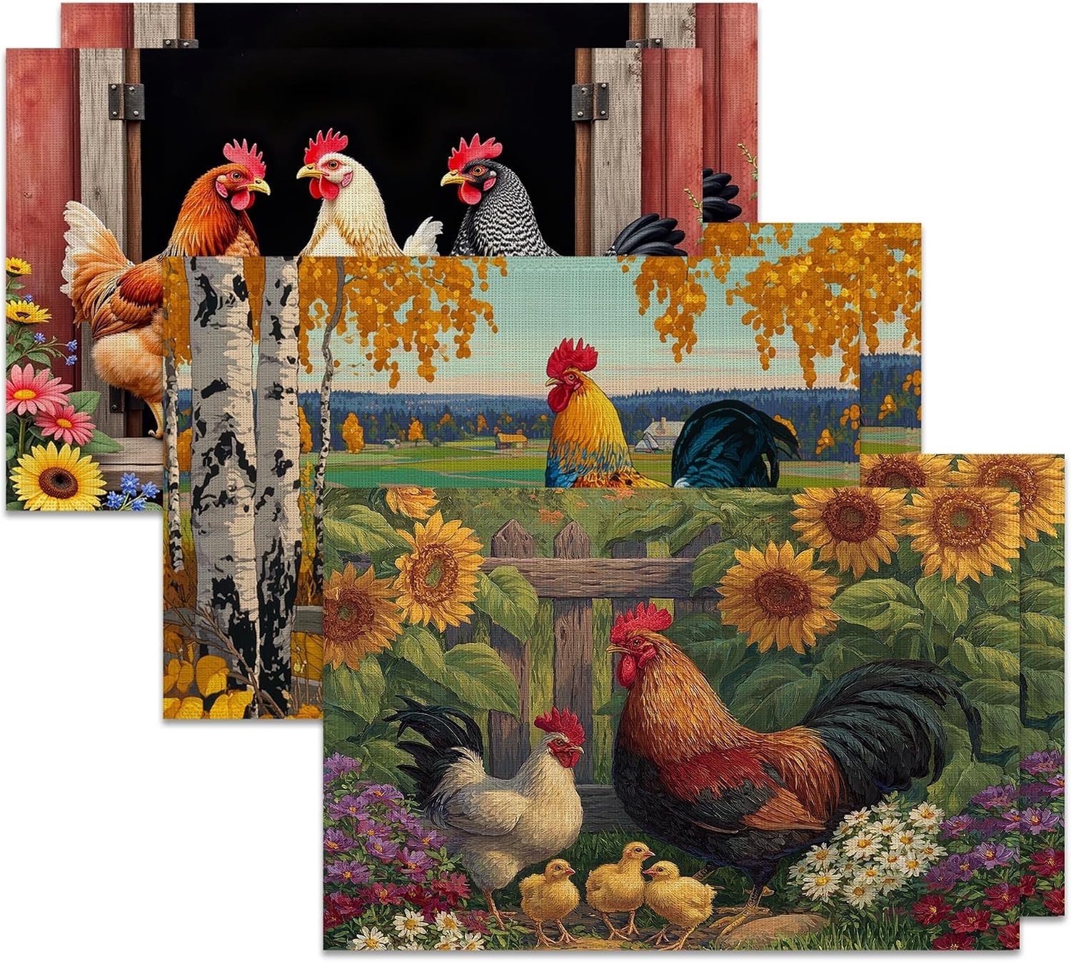 linen-placemats-set-of-6-farmhouse-chicken-sunflower-12-x-18-inch-dining-table-mats-washable-waterproof-stain-resistant-reusable-place-mats-for-kitchen-indoor-outdoor-home-party-decor