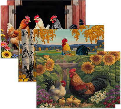 Linen Placemats Set of 6, Farmhouse Chicken Sunflower 12 X 18 Inch Dining Table Mats, Washable Waterproof Stain Resistant Reusable Place Mats for Kitchen, Indoor Outdoor, Home Party Decor1