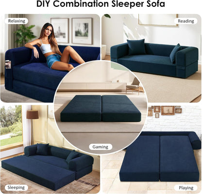 80" Corduroy Convertible Sofa Bed, 3-In-1 Boneless Couch Navy Blue8
