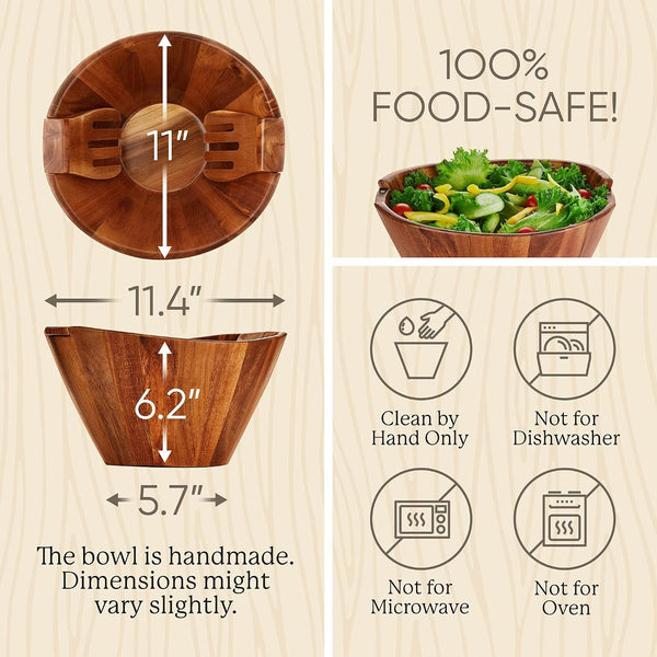 Large Wooden Salad Bowl with Serving Forks Mixing, Wood Salad Bowl Set for Food or Fruits, Magnetic Utensils Fit for 6–8 Servings, Ideal to Family Meals or as a Unique Gift2