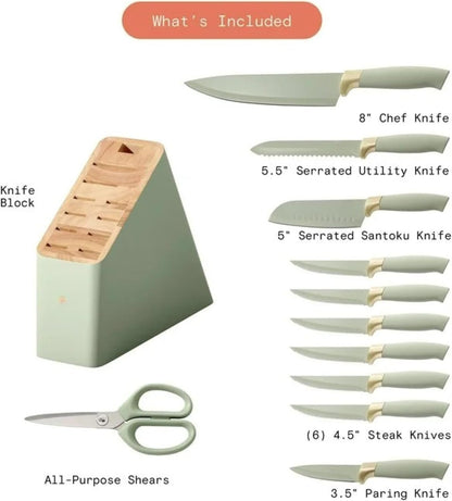 Wonderful 12-Piece High-Carbon Stainless Steel Knife Block Set with Ergonomic Soft-Grip Handles, 8-In Chef Knife High-Carbon Blades (Sage Green)4