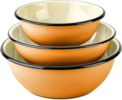 Enamel Bowl Set of 3 Pcs Enamel Serving Bowls, Enameled Steel Mixing Bowls for Cooking Prepping, Kitchen Fruit Salad Bowl, Dishwasher Safe (Mustard)4