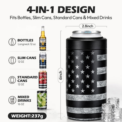 4-In-1 Slim Can Cooler Easy to Hold Insulated Beer Can Holder Double-Walled Stainless Steel for All 12 Oz Cans Black America Flag 22