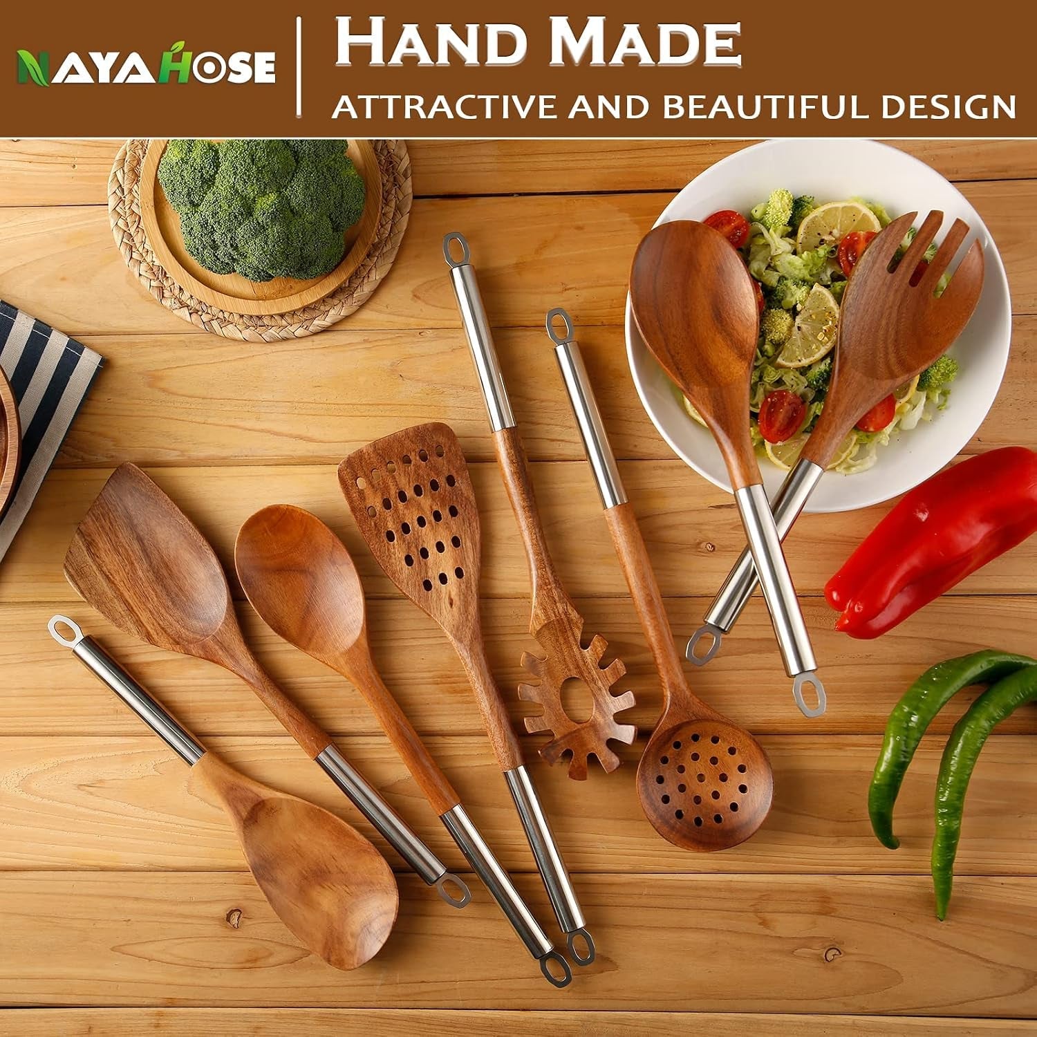 10pcs-teak-wooden-utensils-set-with-holder-spoon-rest-stainless-handle