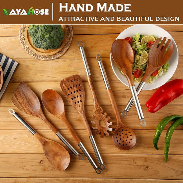 10PCS Teak Wooden Utensils Set with Holder & Spoon Rest, Stainless Handle6