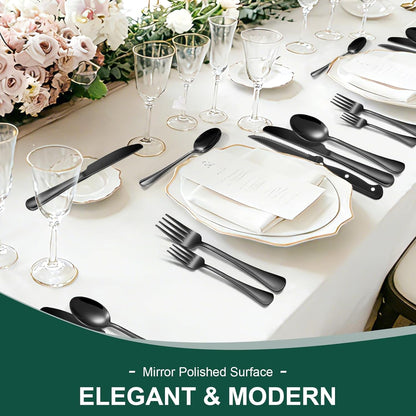 24-Piece Black Silverware Set with Steak Knives Black Stainless Steel Flatware Set for 4 Food Grade Tableware Cutlery Set Rust-Proof, Mirror Polished, Dishwasher Safe5