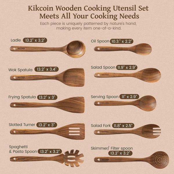 10 PCS Durable Natural Teak Wooden Cooking Utensil Set, Non Toxic Wooden Spoons for Cooking, Wooden Utensil Set for Cooking with Comfort Grip, Nonstick & Easy to Clean Wood Kitchen Utensil Set2