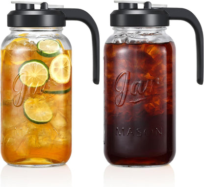 Set of 2, Glass Pitcher with Lid - 2 Quart Mason Jar Pitcher with Filter Lid, Wide Mouth Jar Leak-Proof Water Jug, Heavy Duty Container for Water, Juice, Milk, Tea, Iced Coffee, and Drinks1