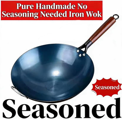 13.5" Pre-Seasoned Blue Carbon Steel Wok – Flat Bottom Stir Fry Pan with Stay-Cool Ergonomic Wood Handle | Restaurant-Quality Wok Hei for Induction, Gas & Electric Stovetops5