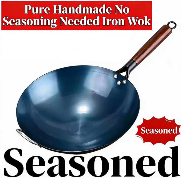 13.5" Pre-Seasoned Blue Carbon Steel Wok – Flat Bottom Stir Fry Pan with Stay-Cool Ergonomic Wood Handle | Restaurant-Quality Wok Hei for Induction, Gas & Electric Stovetops5