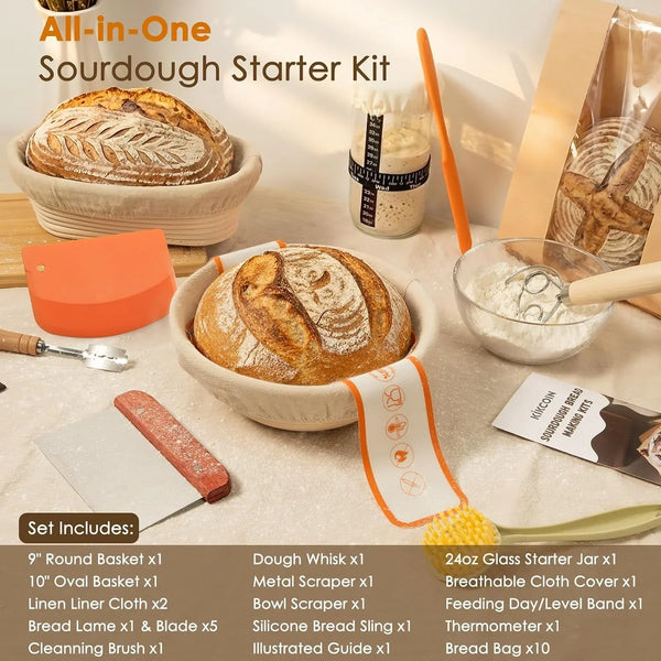 13 PCS Sourdough Starter Kit with round & Oval Banneton, Sourdough Bread Baking Supplies with Handmade Baskets, Bread Proofing Basket with Starter Jar, Bread Making Tools Kit for Beginners2