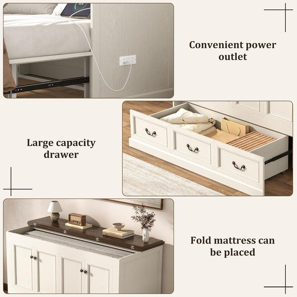 Full Murphy Bed with Storage Drawers, Farmhouse Folding Bed Chest with Charging Station, Hideaway Beds with Foldable Panel for Guest Bedroom, Living Room, Office, Distressed White4