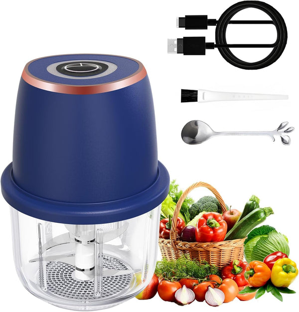 Electric Garlic Chopper 350Ml Mini Food Processor Vegetable Chopper（Blue） | Bpa-Free Glass Bowl 6-Blade Cutting Cordless & USB Rechargeabl Garlic Chopper Mini Chopper for Onion Herb Nut Easy to Clean1
