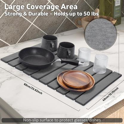 Large Stone Dish Drying Mat for Kitchen Counter – 24"(L)×16 "(W) Foldable Super Absorbent Diatomaceous Earth Dish Drying Mat, Kitchen Counter Mats for Plate Rack, Cups, Match Any Countertop - Gray6