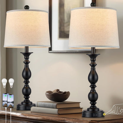 28" Black Modern Table Lamps Set of 2 with USB C+A Ports and AC Outlet, 3 Way Touch Control Tall Bedside Lamps for Bedroom, Metal Farmhouse Nightstand Lamps for Living Room9