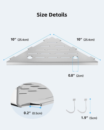 2 Pack Corner Shower Shelves 10", Chrome 304 Stainless Steel Recessed Bathroom Shelf with Razor Holding Hole and 2 Hools, for Tiled Wall No Drilling Needed7