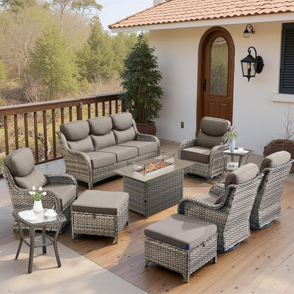 Luxury 6" Thick Cushioned 10 Pieces Patio Furniture Set with Fire Pit Table, Wicker Outdoor Conversation Set with High Back Swivel Rocker Chairs for Deck Porch Yard and Poolside - Grey+Grey1