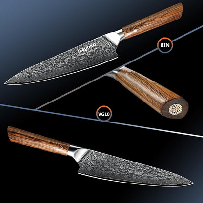 Damascus Chef Knife 8-Inch Sharp Kitchen Knife Japan VG-10 Stainless Steel Ergonomic Color Wooden Handle Luxury Gift Box - with Scabbard3