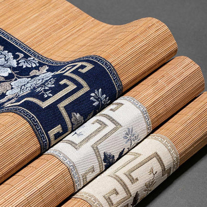 Asian Style Bamboo Table Runner, Floral Embroidery Cotton Linen Zen Bamboo Table Mat for Home Kitchen Dining Decor (Navy Blue, 12X72 Inch)4