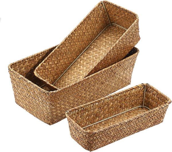 3 Natural Wicker Basket Set Rectangular Seagrass Basket, Caramel1