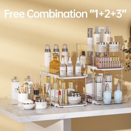 2 Sets of 3-Tier Bathroom under Sink Organizers and Storage, Multi-Purpose Stackable Pantry Organization and Storage, Pull Out Clear Kitchen Bathroom Cabinet Organizer with Movable Dividers5