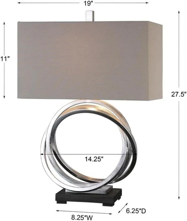 Steel and Linen Rings Table Lamp, 27.5 in Height, Silver and Light Beige Finish, Rectangle Hardback Shade, 3-Way Socket, 1 Light, 150W, Modern Accent Lighting for Living Room or Bedroom3