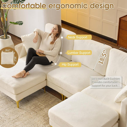 100" W U Shaped Couch with Ottoman, 22" Deep Seat Comfortable Sectional Couches for Living Room, 3 Seater Chenille Fabric Cloud Sofa for Apartment, Small Spaces, Bedroom, Beige4