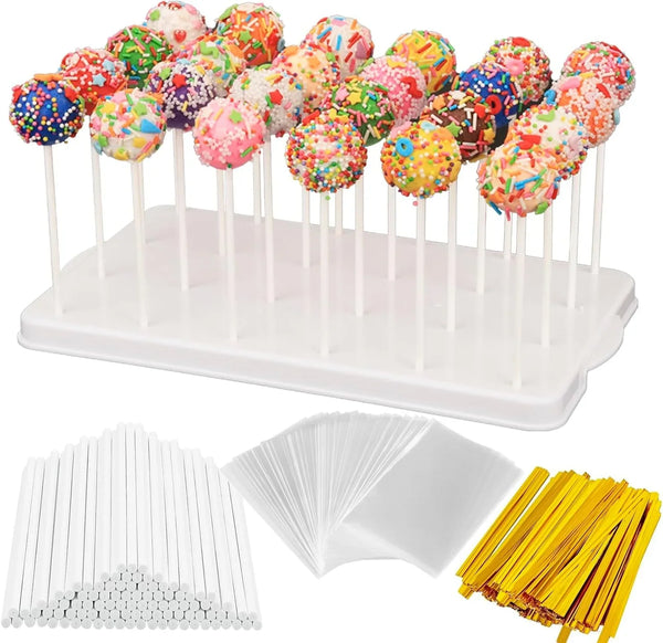 Cake Pop Stand Kit, 24 Holes Lollipop Display Holder with 100 Pcs Cake Pop Sticks, 100 Pcs Wrappers Bags, 100 Pcs Gold Twist Ties (White)1