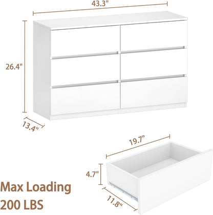 6 Drawer Dresser for Bedroom, Modern White Chest of Drawers No Handles Large Storage, Wood Dressers with Wide Drawers for Closet, Living Room, Home Office(43.3" W X13.4 Dx 26.4" H)3