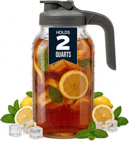 64 Oz Mason Jar Glass Pitcher with Lid - Gray | Heavy-Duty Glass Mason Jar Pitcher - Leak-Proof Lid, Wide Mouth & Easy Pour Spout (64 Oz)1