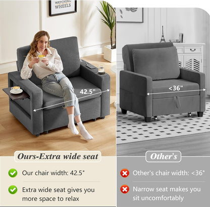 42.5" Sleeper Chair Bed, 3-In-1 Convertible Reclining Sofa Chair with Pull Out Couch Bed, Adjustable Backrest, Side Pockets, Cup Holder, USB Ports & Wing Table, Premium Dark Gray5