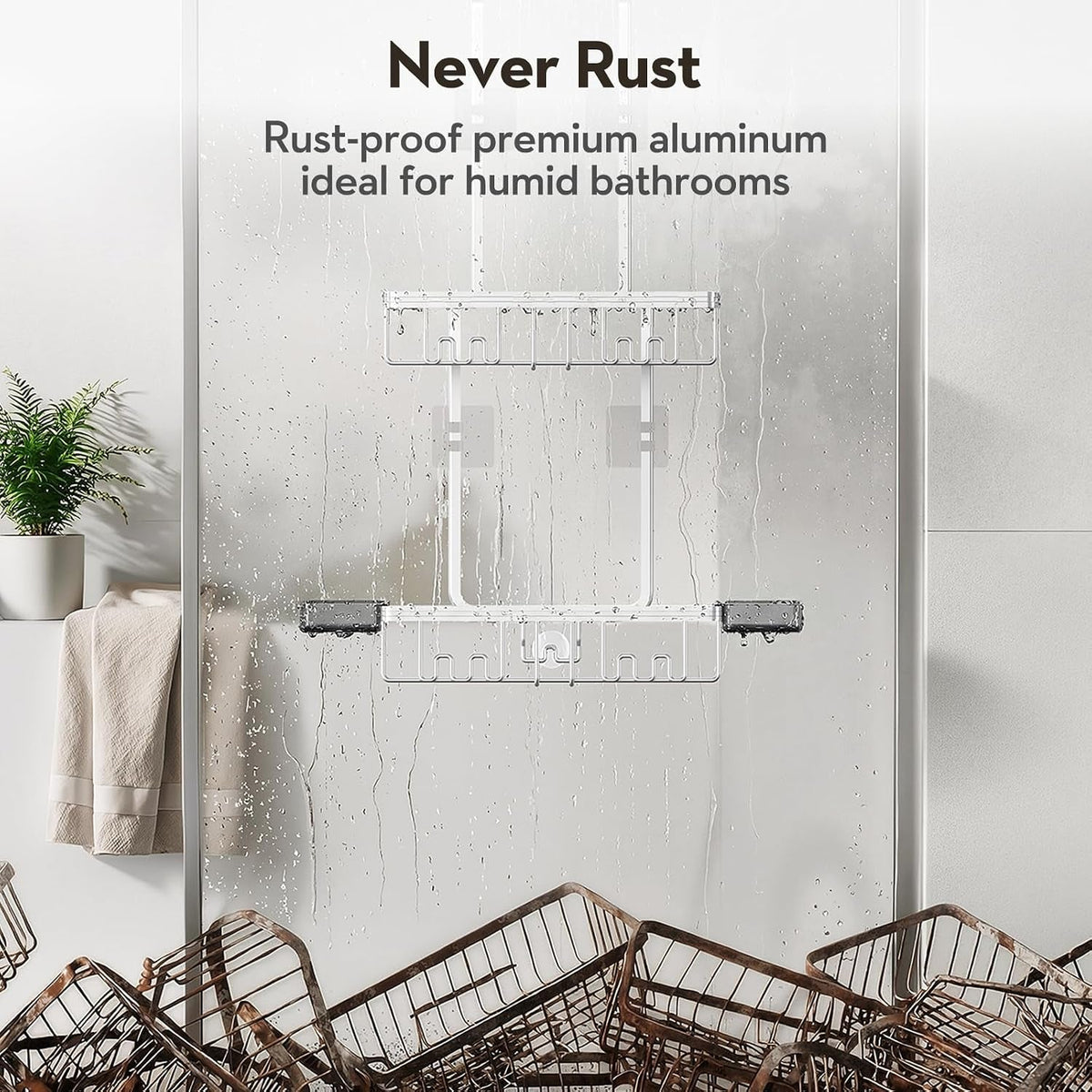 over-the-door-shower-caddy-hanging-with-double-soap-holder-never-rust-aluminum-shower-shelf-with-4-hooks-hanging-bathroom-organizer-no-drilling-shelves-for-bathroom-storage-silver