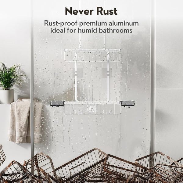 Over the Door Shower Caddy Hanging with Double Soap Holder Never Rust Aluminum Shower Shelf with 4 Hooks Hanging Bathroom Organizer No Drilling Shelves for Bathroom Storage Silver4