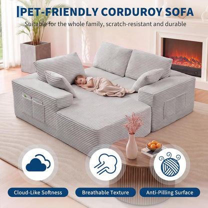 110" Boneless Cloud Sectional Couch for Living Room, L Shaped 3 Seater Modular Corduroy Sofa with Chaise, Deep Seated Oversized Boneless Couches, Compressed Sofa in a Box, No Assembly, Grey3