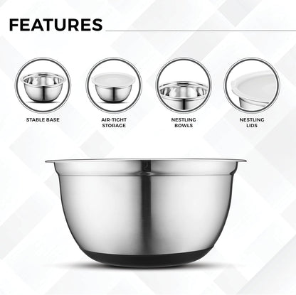 Premium Stainless Steel Mixing Bowls with Lids Non-Slip, Set of 5 Mixing Bowl Set with Silicone Base, Space Saving, Great for Cooking, Baking, Prepping (0.25Qt, 1Qt, 1.5Qt, 3Qt, 5Qt)6